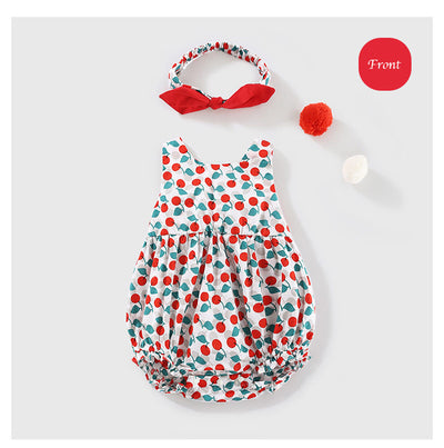 Baby Girl Big Bowtie Cherry Prints Bodysuit n Headwrap 2pc Set - Little Kooma