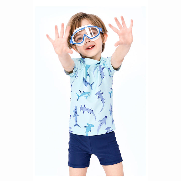 Baby Kids Boy's Shark Prints Short Sleeves Two Piece Swimming Suit Top Shorts n Free Cap 908041 - Little Kooma
