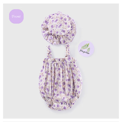 Baby Girl Ruffled Hem Floral Camisole Romper n Hat 2pc Set - Little Kooma