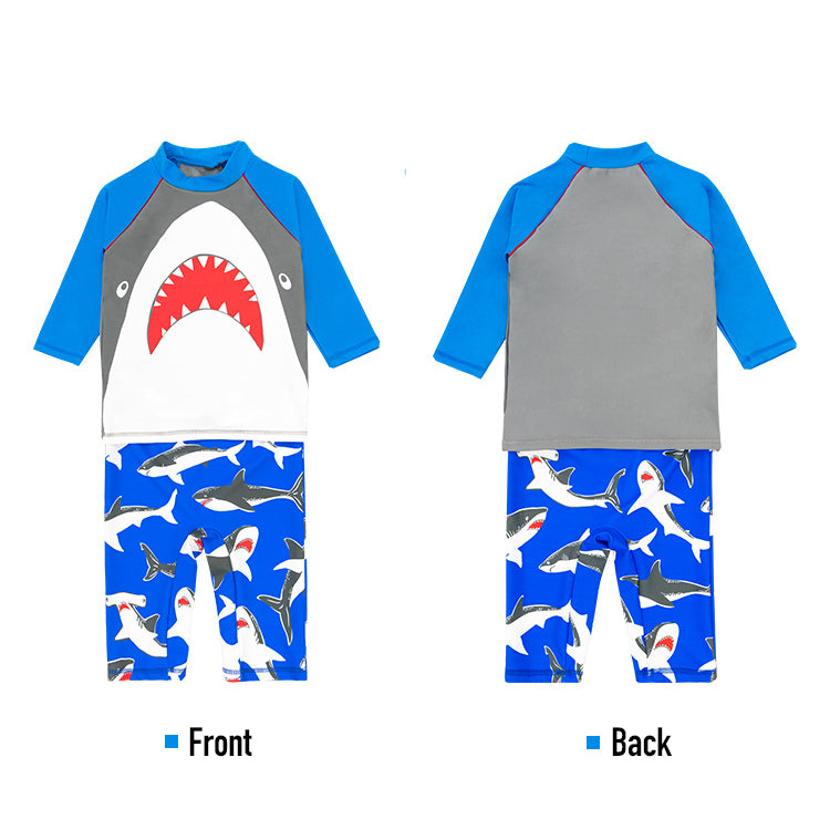 Baby Kids Boy's Big Mouth Shark Long Sleeves Two Piece Swimming Suit Top Shorts n Free Cap 908030 - Little Kooma