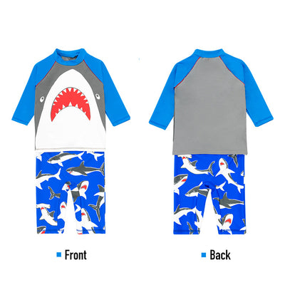 Baby Kids Boy's Big Mouth Shark Long Sleeves Two Piece Swimming Suit Top Shorts n Free Cap 908030 - Little Kooma