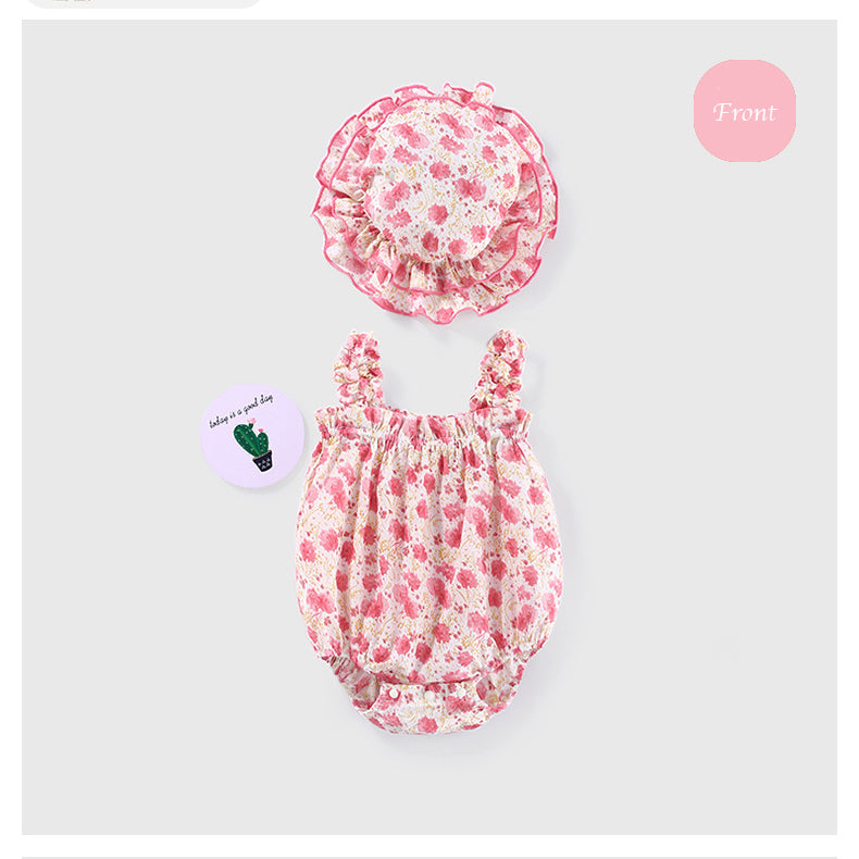 Baby Girl Ruffled Hem Floral Camisole Romper n Hat 2pc Set - Little Kooma
