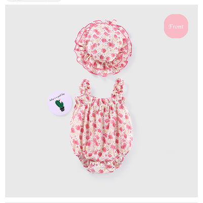 Baby Girl Ruffled Hem Floral Camisole Romper n Hat 2pc Set - Little Kooma