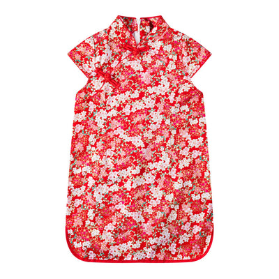 A10 Red Cheongsam Dress w White n Pink Plum Blossoms Flowers - Little Kooma