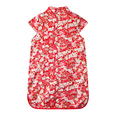 A10 Red Cheongsam Dress w White n Pink Plum Blossoms Flowers - Little Kooma