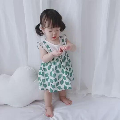 Baby Girl Ruffled Sleeves Fake Two Pieces Overall Bodysuit Dress - 0616