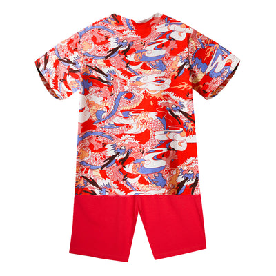 Baby Kids Boys Blue n Red Cheongsam Set Dragon Prints Top n Shorts CNY Chinese New Year Outfit - Little Kooma