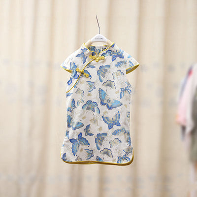 Baby Kids Girls Beige w Blue Butterflies Cheongsam Dress Racial Harmony Day CNY Chinese New Year Outfit - Little Kooma