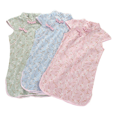 [KG09] Kids Girls White Cotton Flowers Cheongsam Dress Cap Sleeves CNY Chinese New Year Outfit - Little Kooma