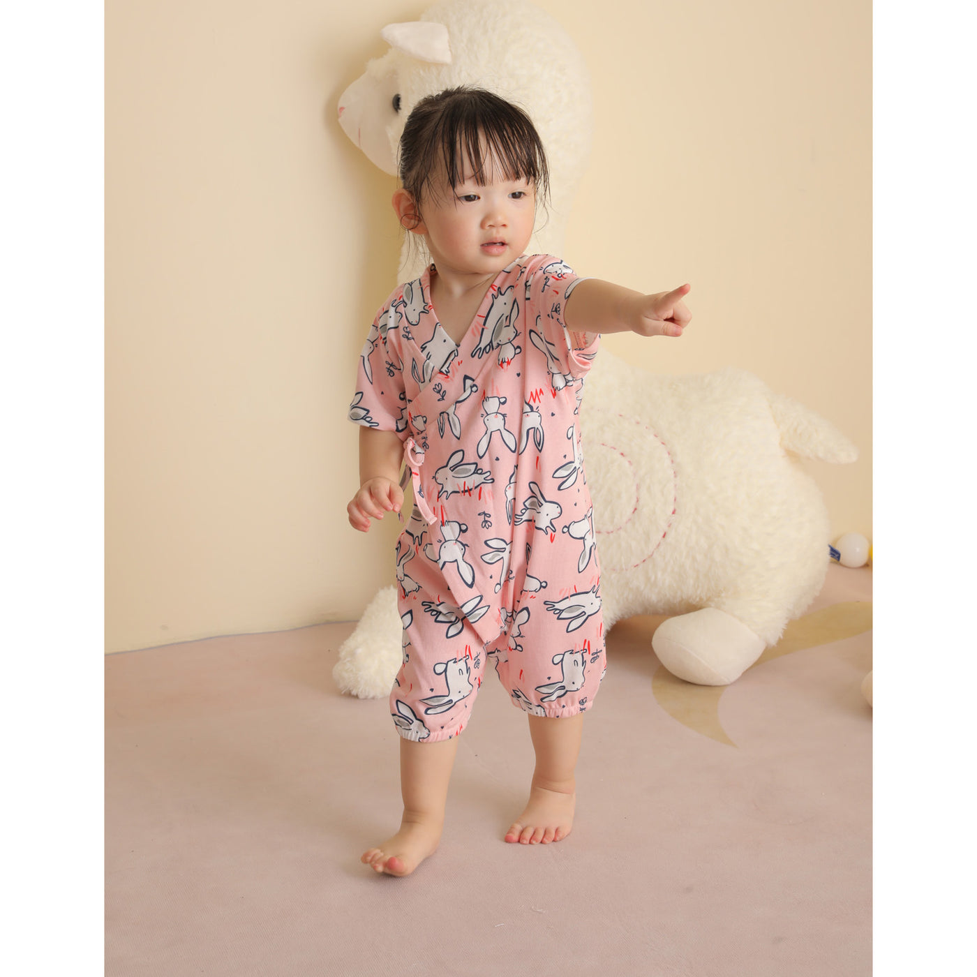 Baby Kimono Romper Peach w Bunnies - Little Kooma