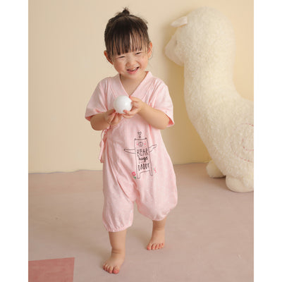 Baby Girl Kimono Romper Pink w White Dots Bear Hugs for Daddy - Little Kooma