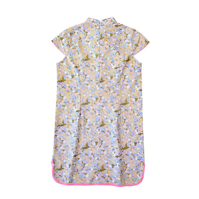 Baby Kids Girl Blue Cheongsam Dress w Pink n White Plum Blossoms Flowers - Little Kooma