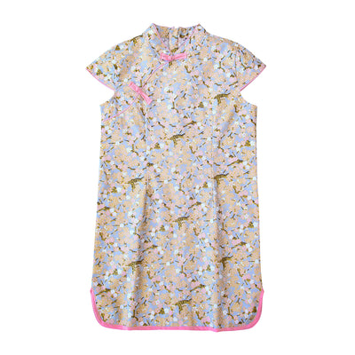Baby Kids Girl Blue Cheongsam Dress w Pink n White Plum Blossoms Flowers - Little Kooma