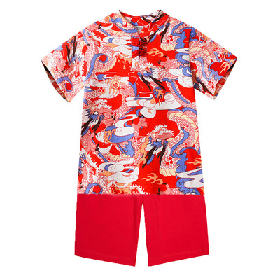 Baby Kids Boys Blue n Red Cheongsam Set Dragon Prints Top n Shorts CNY Chinese New Year Outfit - Little Kooma