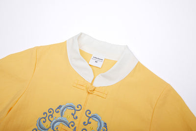 Baby Kids Boys Chinese Character Fu Cheongsam Set Yellow Top n Blue Shorts CNY Chinese New Year Outfit - Little Kooma