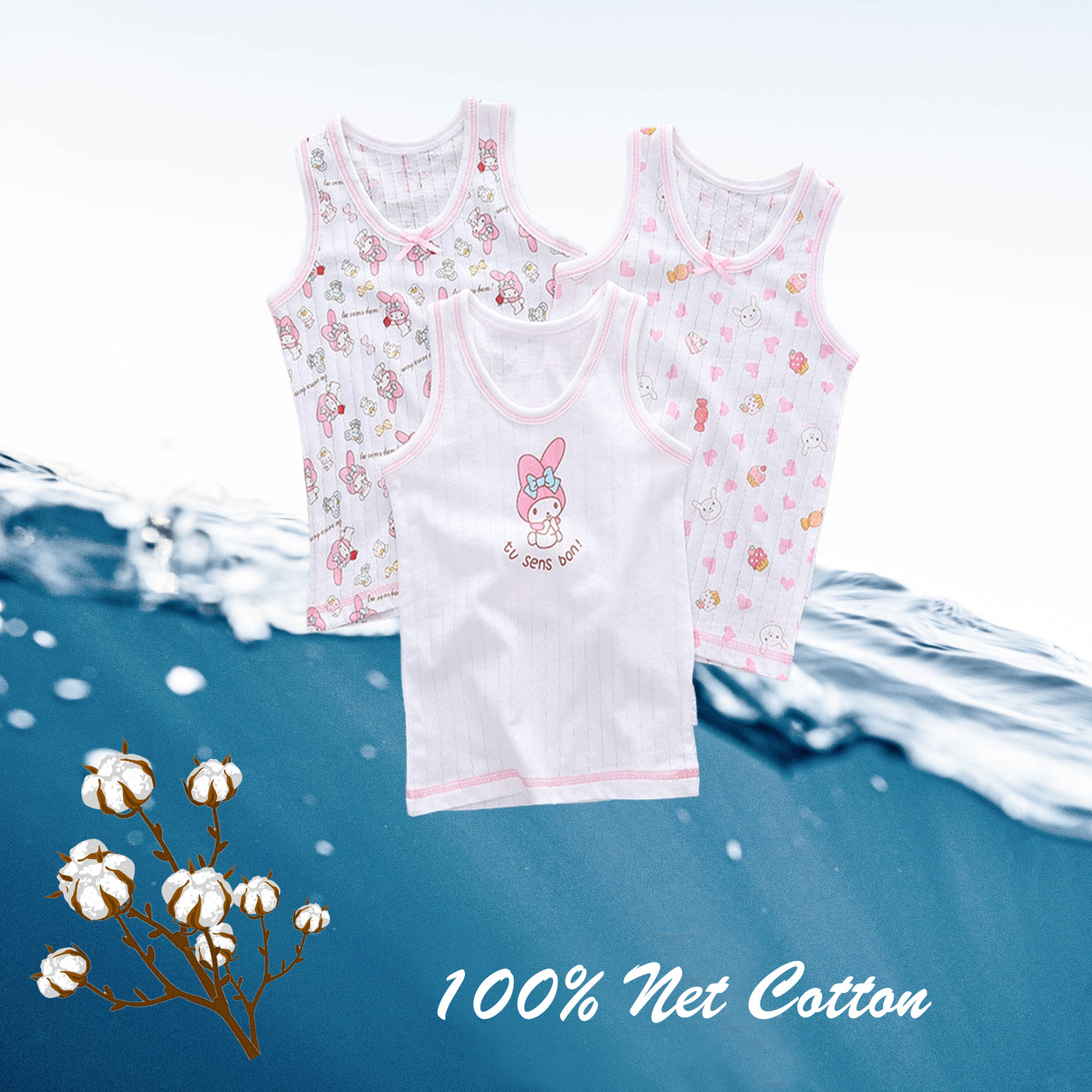 Baby Kid Girls Net Cotton Vest Bunny 3 Pack - Little Kooma