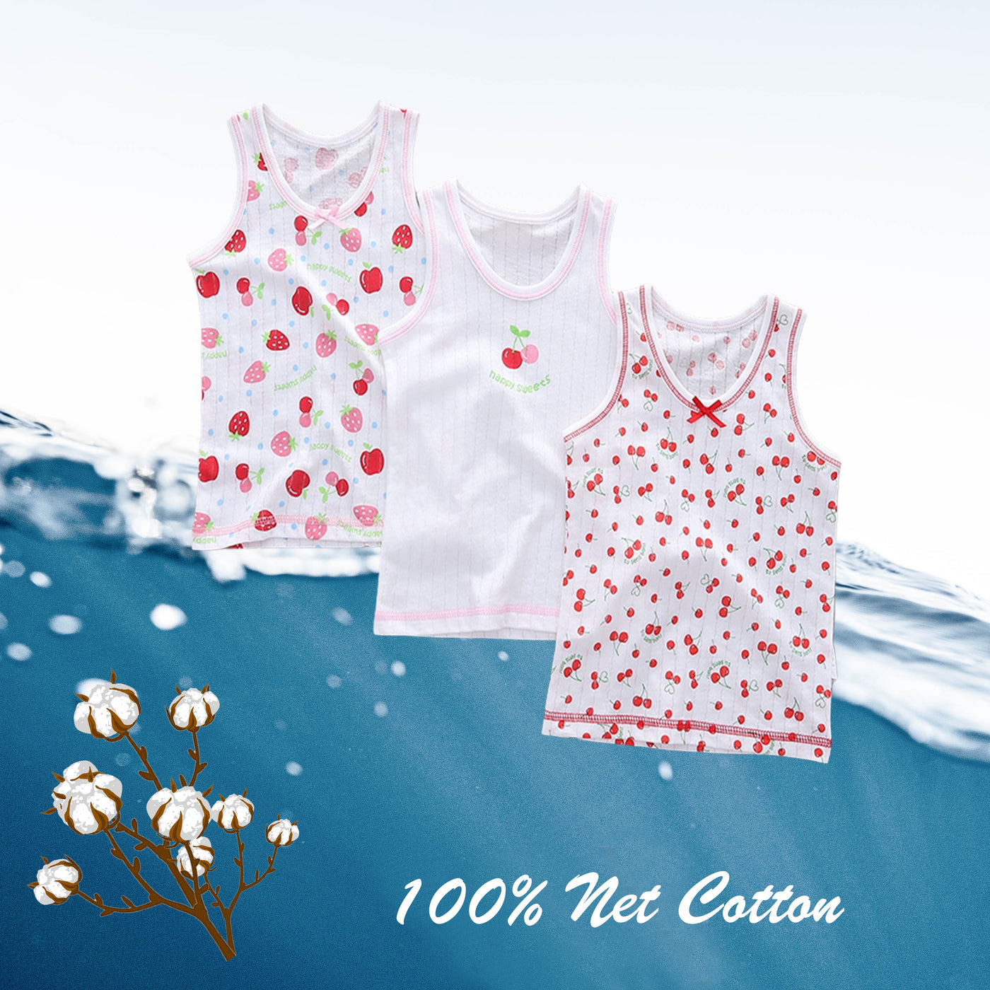 Baby Kid Girls Net Cotton Vest Cherries 3 Pack - Little Kooma