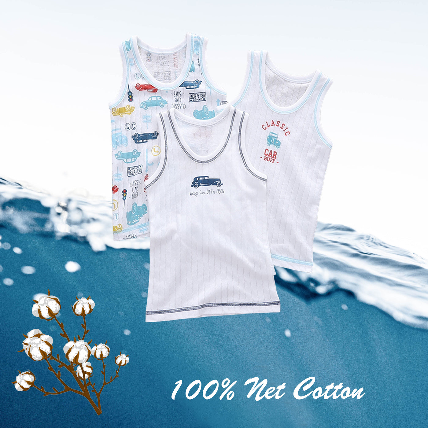 Baby Kid Boys Net Cotton Vest Cars 3 Pack - Little Kooma